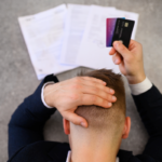 Homem estressado com contas e cartões de crédito